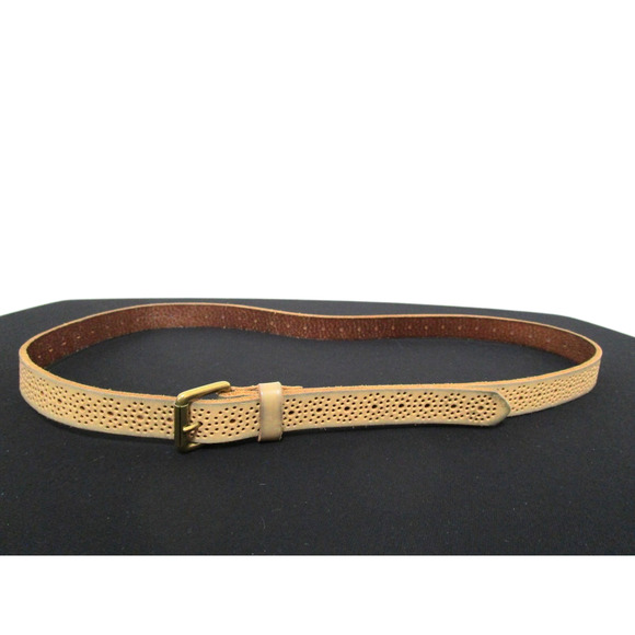 J Crew Beige Tan Perforated Leather Brass Buckle Belt Women Sz L, 34"-38" - Picture 1 of 9